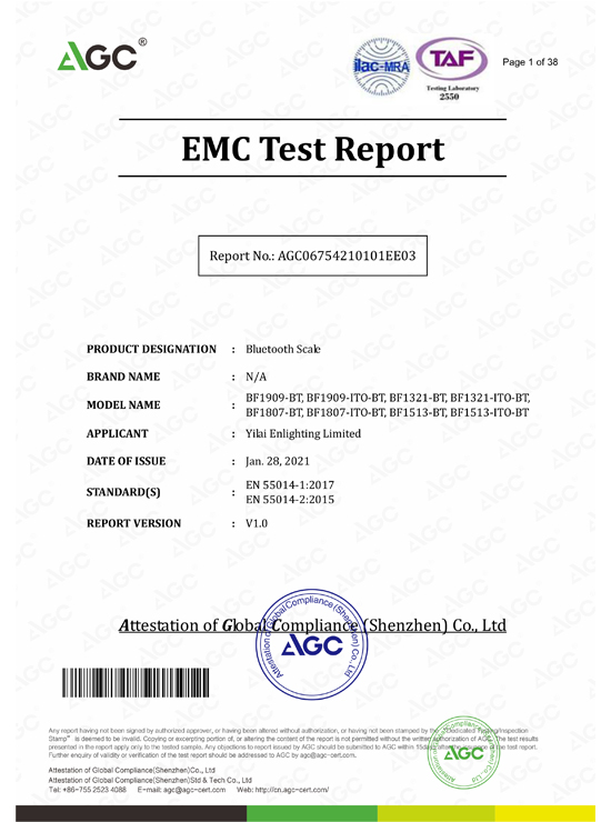 
     Certificat Yilai Scale RED par AGC
    